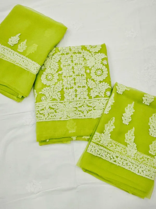 Lime_Green_Hand_Crafted_Soft_Chiffon_Unstitched_Chikan_Suit_Set_Panel_Pattern