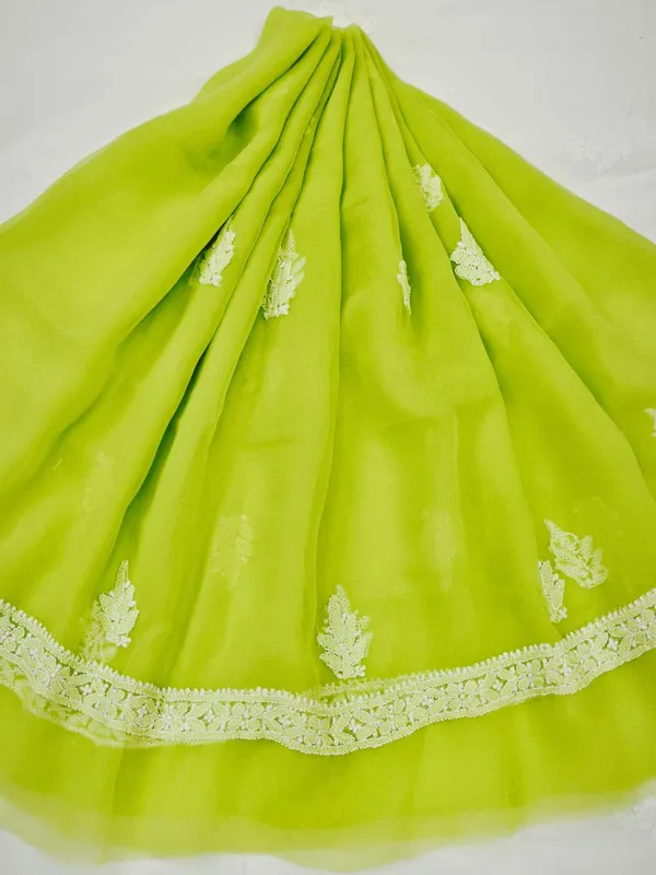 Lime_Green_Hand_Crafted_Soft_Chiffon_Unstitched_Chikan_Suit_Set_Panel_Pattern