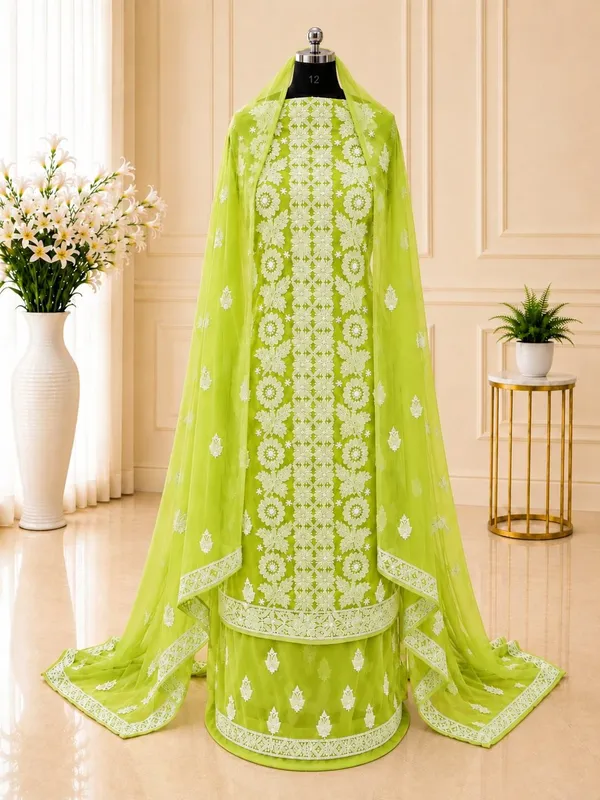 Lime_Green_Hand_Crafted_Soft_Chiffon_Unstitched_Chikan_Suit_Set_Panel_Pattern