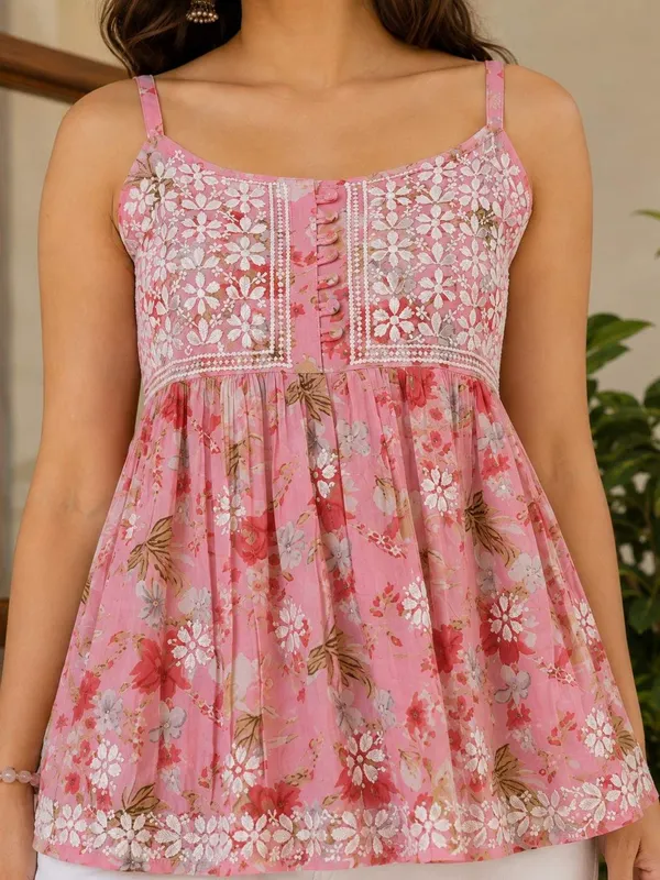 Pastel_Blush_Pink_Floral_Print_Handcrafted_Lucknowi_Chikankari_Cotton_Short_Top