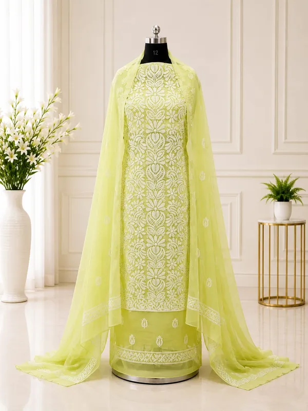 Lime_Green_Hand_Embroidered_Soft_Chiffon_Garth_Chikankari_Suit_Set_With_Dupatta