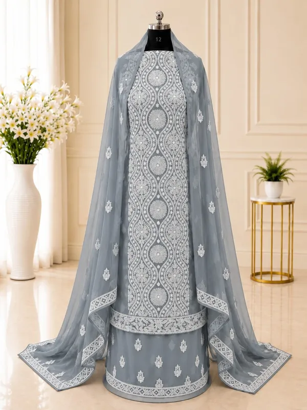 Grey_Hand_Crafted_Soft_Chiffon_Unstitched_Chikan_Suit_Set_In_Panel_Pattern
