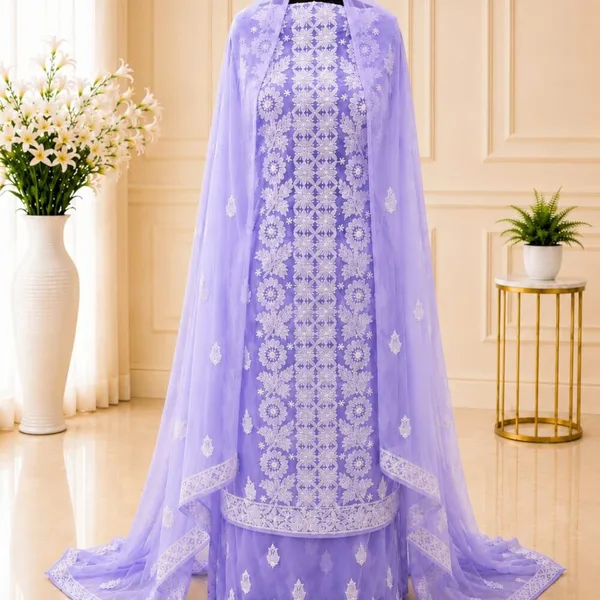Lavender_Purple_Hand_Crafted_Soft_Chiffon_Unstitched_Chikan_Suit_Set_Panel_Pattern