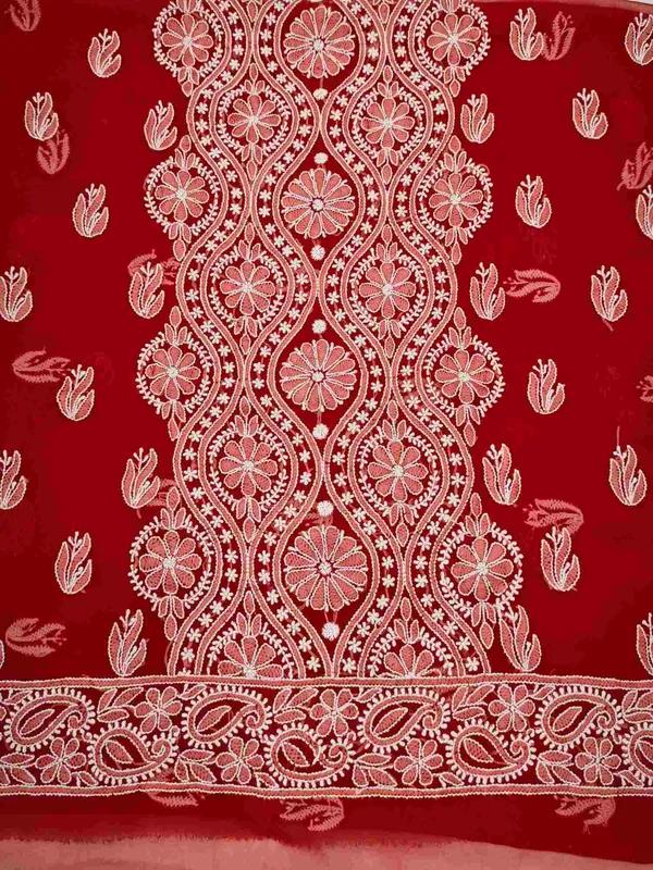 cherry_red_Hand_Crafted_Soft_Chiffon_Unstitched_Chikan_Suit_Set_In_Panel_Pattern