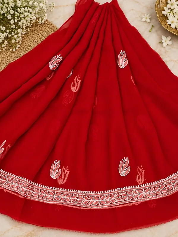 cherry_red_Hand_Crafted_Soft_Chiffon_Unstitched_Chikan_Suit_Set_In_Panel_Pattern