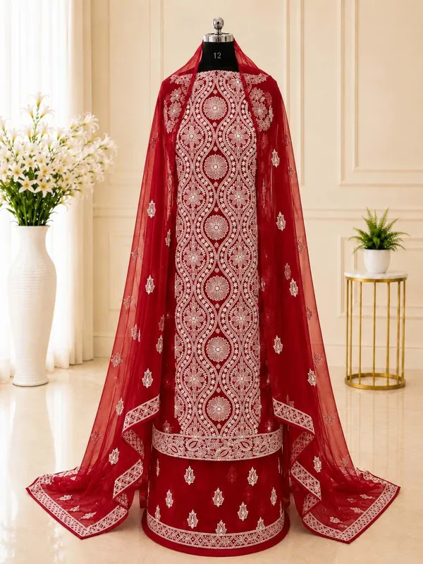 cherry_red_Hand_Crafted_Soft_Chiffon_Unstitched_Chikan_Suit_Set_In_Panel_Pattern