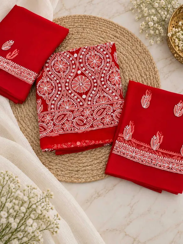 cherry_red_Hand_Crafted_Soft_Chiffon_Unstitched_Chikan_Suit_Set_In_Panel_Pattern