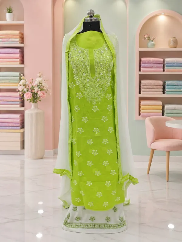 Lime_Green_Cotton_Suit_Piece_With_Contrast_Bottom_Chiffon_Dupatta