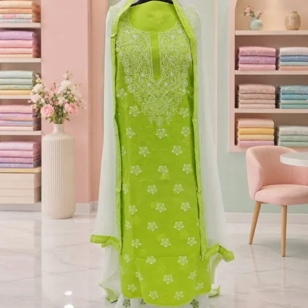 Lime_Green_Cotton_Suit_Piece_With_Contrast_Bottom_Chiffon_Dupatta