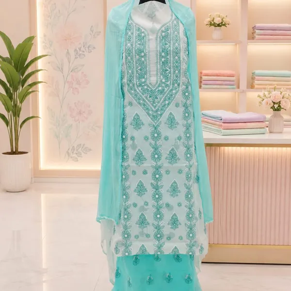 Aqua_Blue_Hand_Embroidered_Soft_Cotton_Unstitched_Contrast_Chikan_Suit_Set