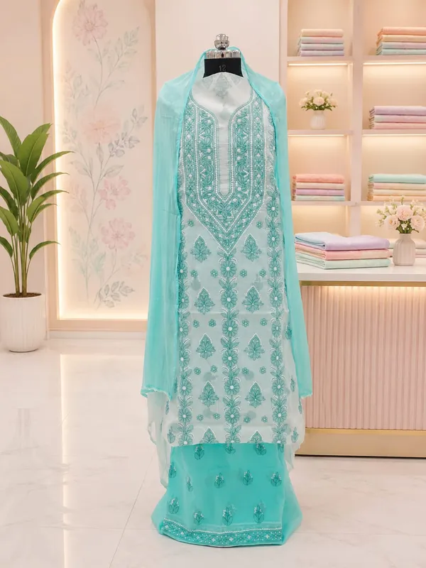Aqua_Blue_Hand_Embroidered_Soft_Cotton_Unstitched_Contrast_Chikan_Suit_Set