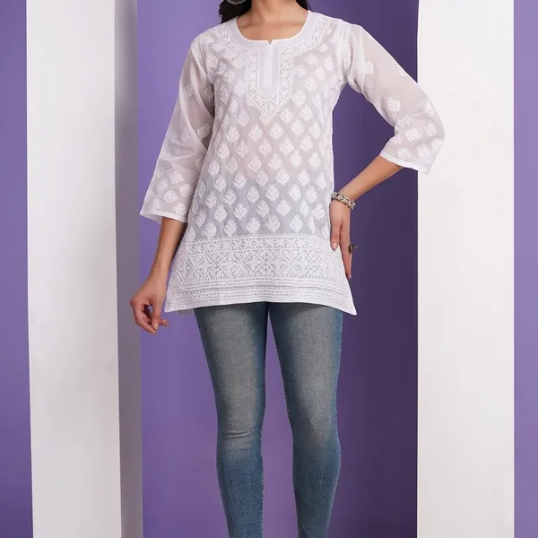 White_Hand_Embroidered_Chikan_Cotton_Top_With_Contrast_Thread_Work