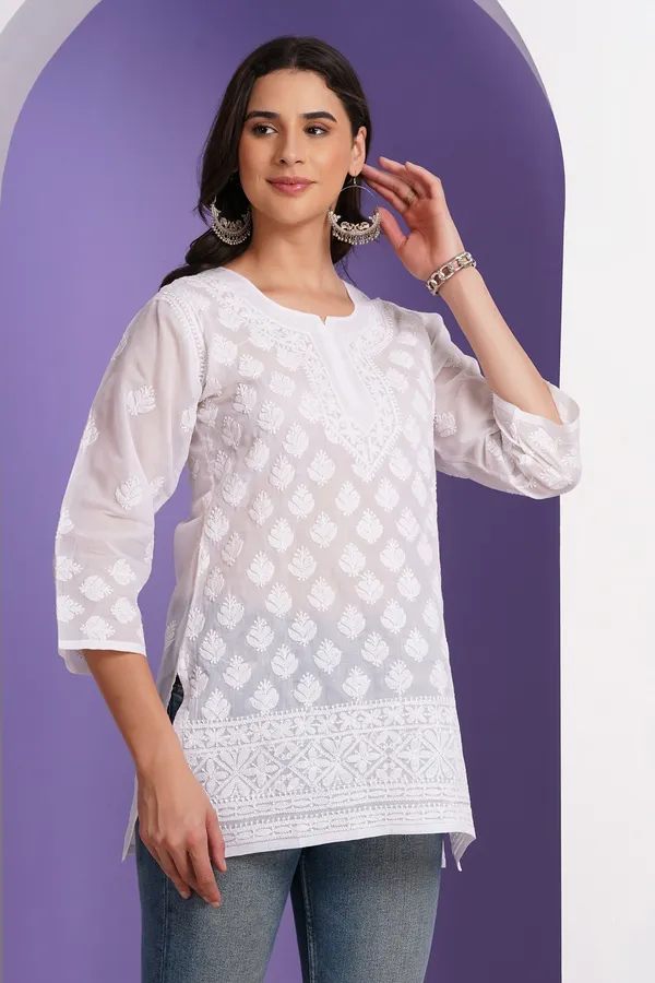 White_Hand_Embroidered_Chikan_Cotton_Top_With_Contrast_Thread_Work