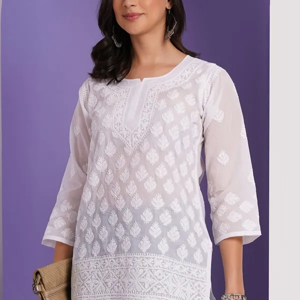 White_Hand_Embroidered_Chikan_Cotton_Top_With_Contrast_Thread_Work