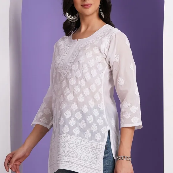 White_Hand_Embroidered_Chikan_Cotton_Top_With_Contrast_Thread_Work