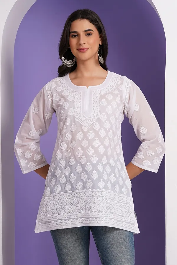 White_Hand_Embroidered_Chikan_Cotton_Top_With_Contrast_Thread_Work