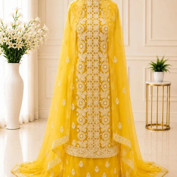 Sunshine_Yellow_Hand_Crafted_Soft_Chiffon_Unstitched_Chikan_Suit_Set_Panel_Pattern