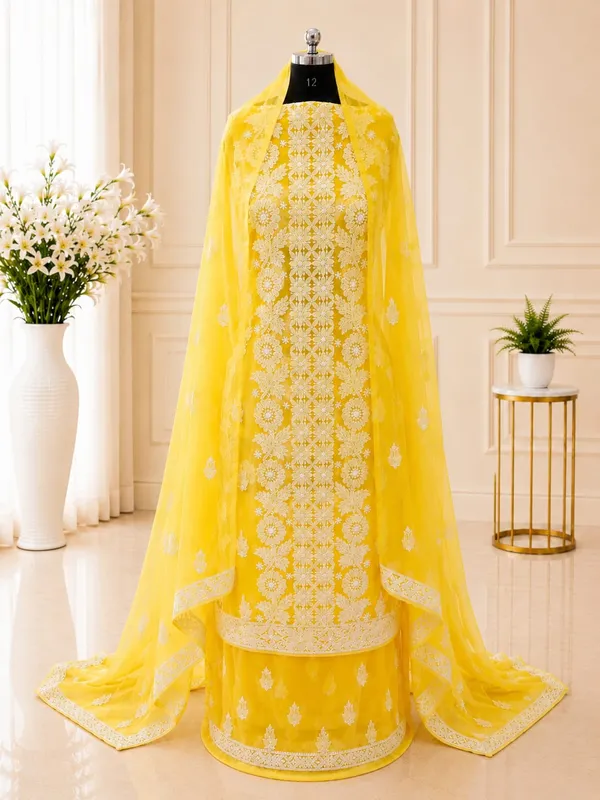Sunshine_Yellow_Hand_Crafted_Soft_Chiffon_Unstitched_Chikan_Suit_Set_Panel_Pattern