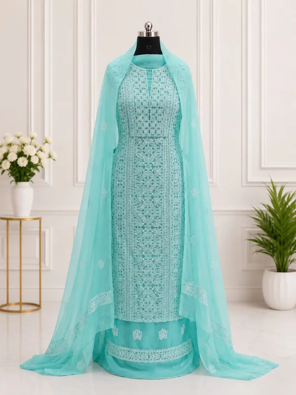 Mint_Aqua_Suit_Piece_Chiffon_Jaal_With_Dupatta