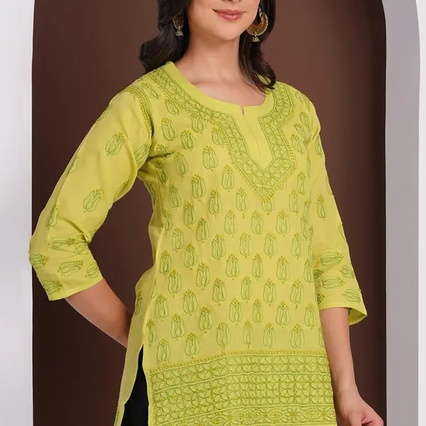 Olive_Green_Hand_Embroidered_Chikan_Cotton_Top_With_Contrast_Thread_Work