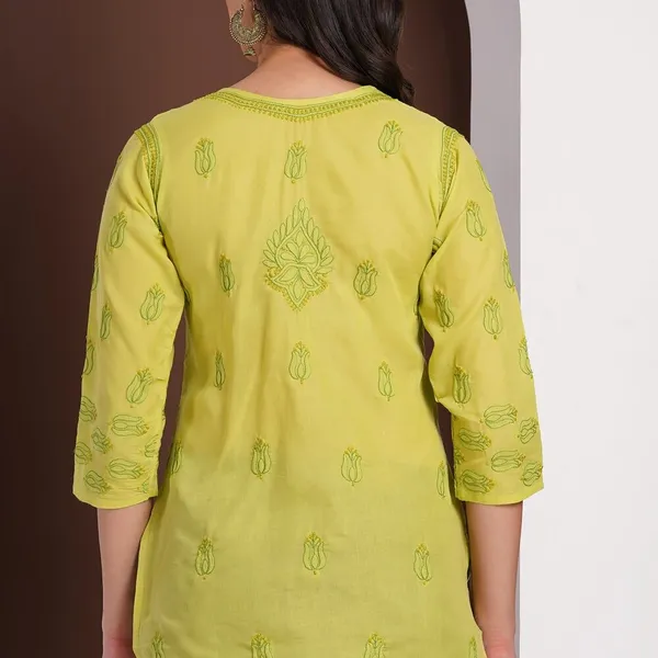 Olive_Green_Hand_Embroidered_Chikan_Cotton_Top_With_Contrast_Thread_Work