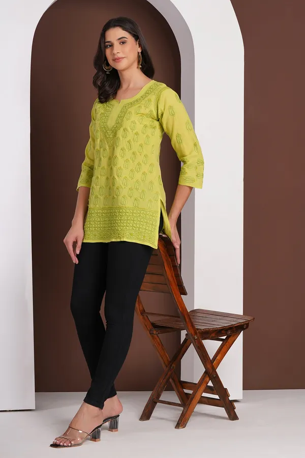 Olive_Green_Hand_Embroidered_Chikan_Cotton_Top_With_Contrast_Thread_Work