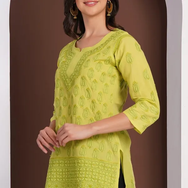 Olive_Green_Hand_Embroidered_Chikan_Cotton_Top_With_Contrast_Thread_Work