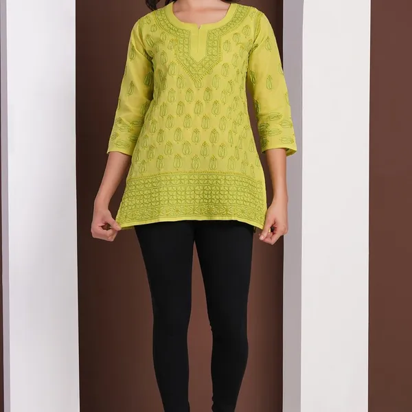 Olive_Green_Hand_Embroidered_Chikan_Cotton_Top_With_Contrast_Thread_Work