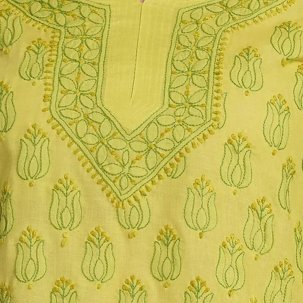 Olive_Green_Hand_Embroidered_Chikan_Cotton_Top_With_Contrast_Thread_Work