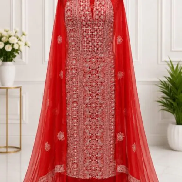 Cherry_Red_Suit_Piece_Chiffon_Jaal_With_Dupatta