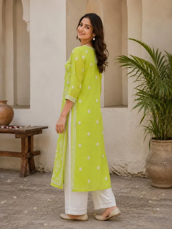 Citrus_Green_Hand_Embroidered_Lucknowi_Chikankari_Chiffon_Kurti_With_Full_Buti_Jaal