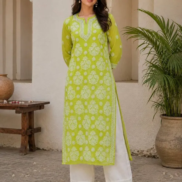 Citrus_Green_Hand_Embroidered_Lucknowi_Chikankari_Chiffon_Kurti_With_Full_Buti_Jaal