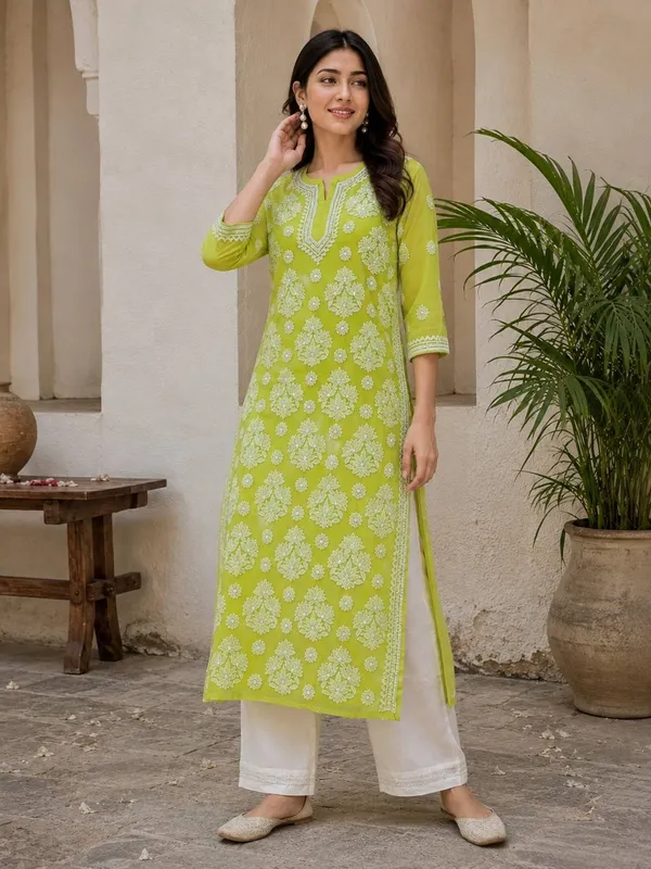 Citrus_Green_Hand_Embroidered_Lucknowi_Chikankari_Chiffon_Kurti_With_Full_Buti_Jaal