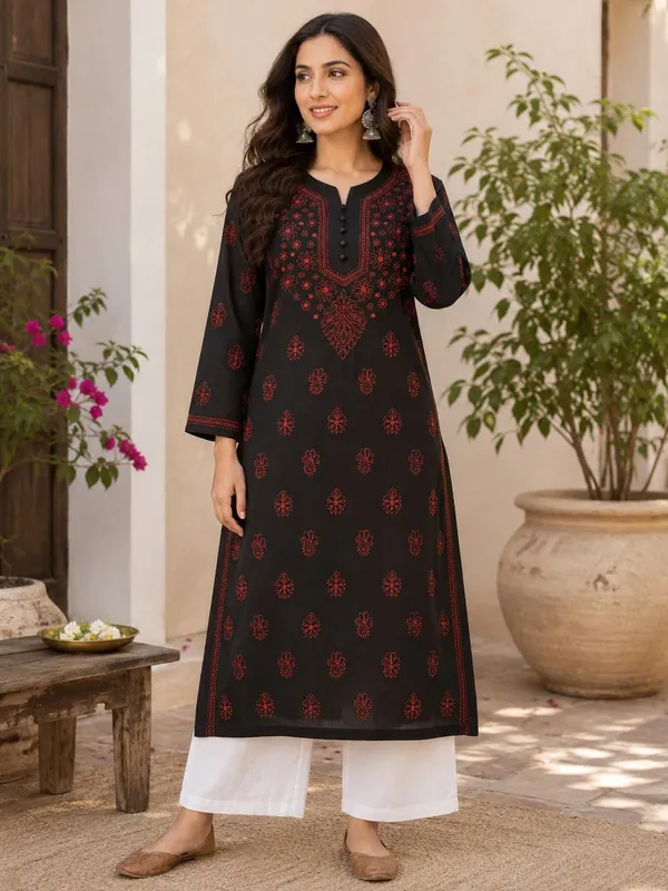 Black_Hand_Embroidered_Lucknowi_Chikankari_Kashmiri_Cotton_Kurti
