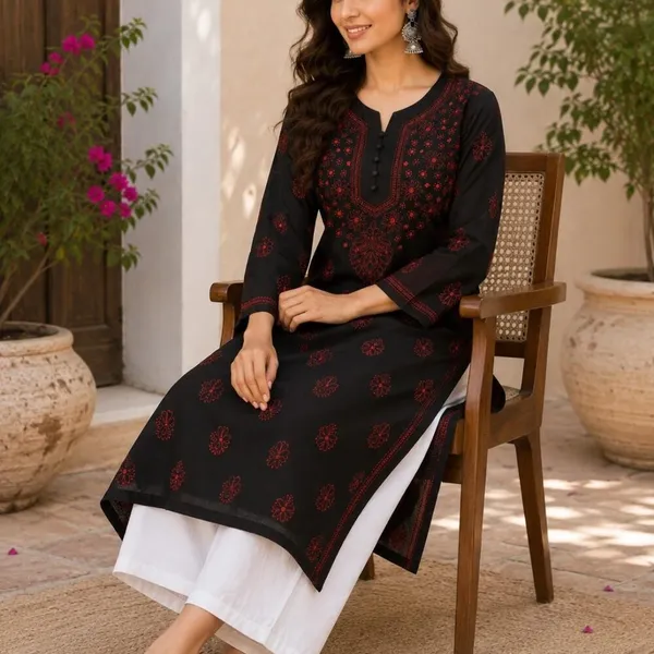 Black_Hand_Embroidered_Lucknowi_Chikankari_Kashmiri_Cotton_Kurti