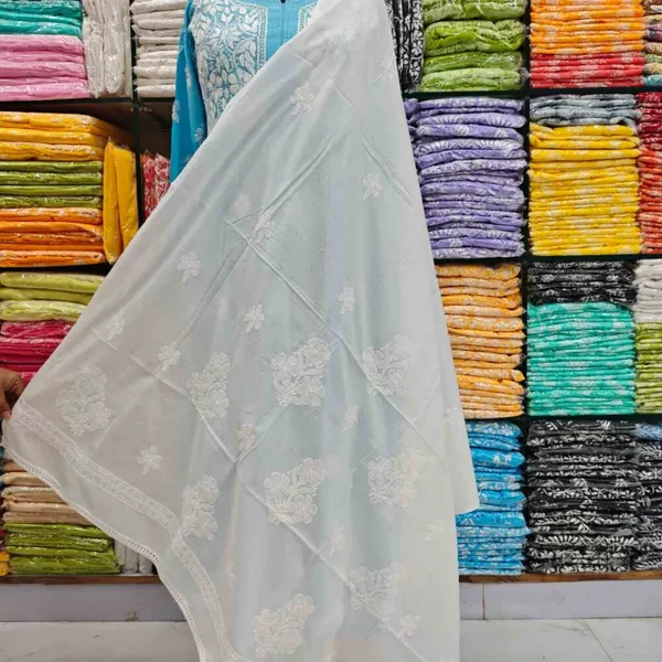 White_Hand_Embroidered_Lucknowi_Chikankari_Pure_Soft_Cotton_Dupatta