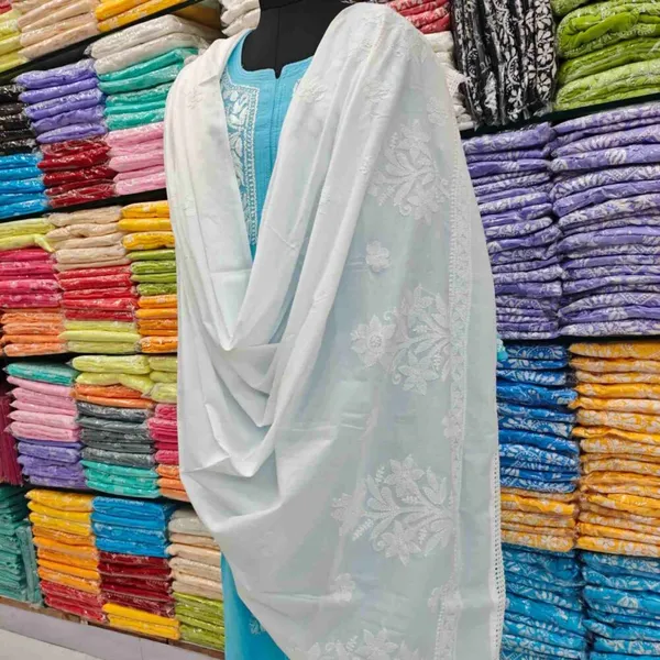 White_Hand_Embroidered_Lucknowi_Chikankari_Pure_Soft_Cotton_Dupatta