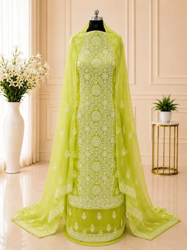 Lime_Green_Hand_Crafted_Soft_Chiffon_Unstitched_Chikan_Suit_Set_In_Panel_Pattern