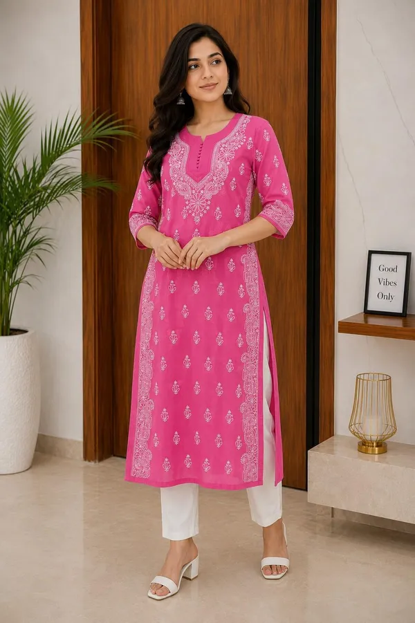 Fuchsian_Pink_Hand_Embroidered_Lucknowi_Chikankari_Akira_Cotton_Kurti