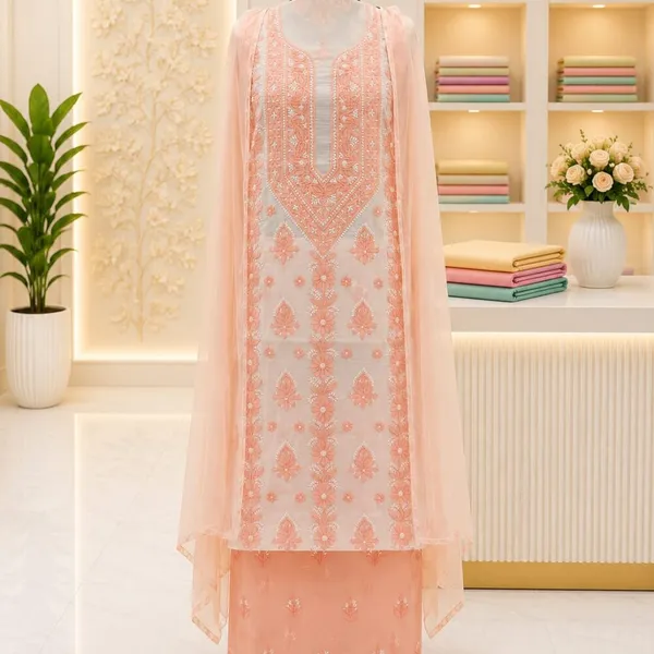 Light_Peach_Hand_Embroidered_Soft_Cotton_Unstitched_Contrast_Chikan_Suit_Set