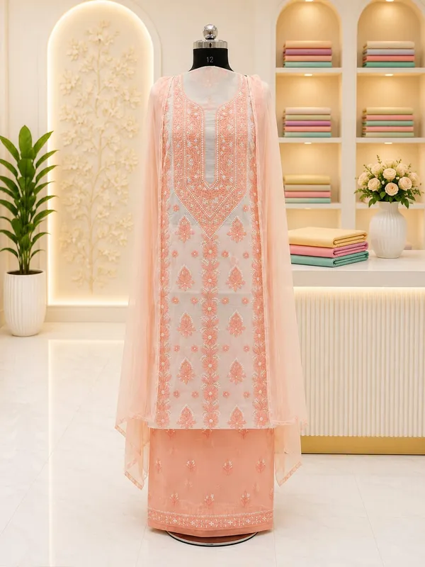 Light_Peach_Hand_Embroidered_Soft_Cotton_Unstitched_Contrast_Chikan_Suit_Set