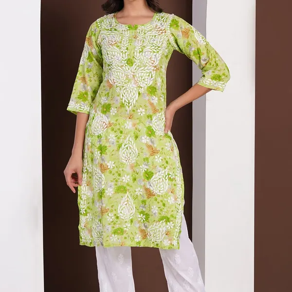 Lime_Green_Handcrafted_Chikan_Floral_Print_Mul_Cotton_Kurti