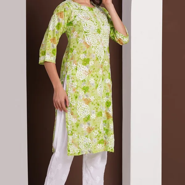 Lime_Green_Handcrafted_Chikan_Floral_Print_Mul_Cotton_Kurti
