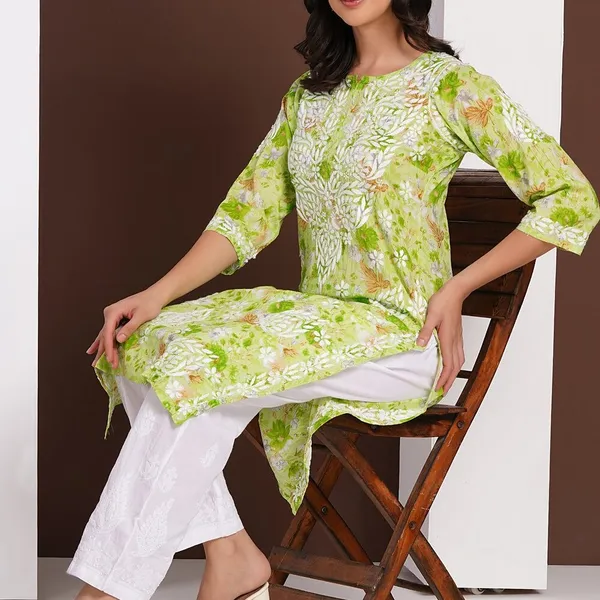 Lime_Green_Handcrafted_Chikan_Floral_Print_Mul_Cotton_Kurti