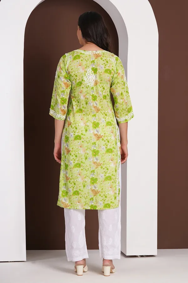 Lime_Green_Handcrafted_Chikan_Floral_Print_Mul_Cotton_Kurti