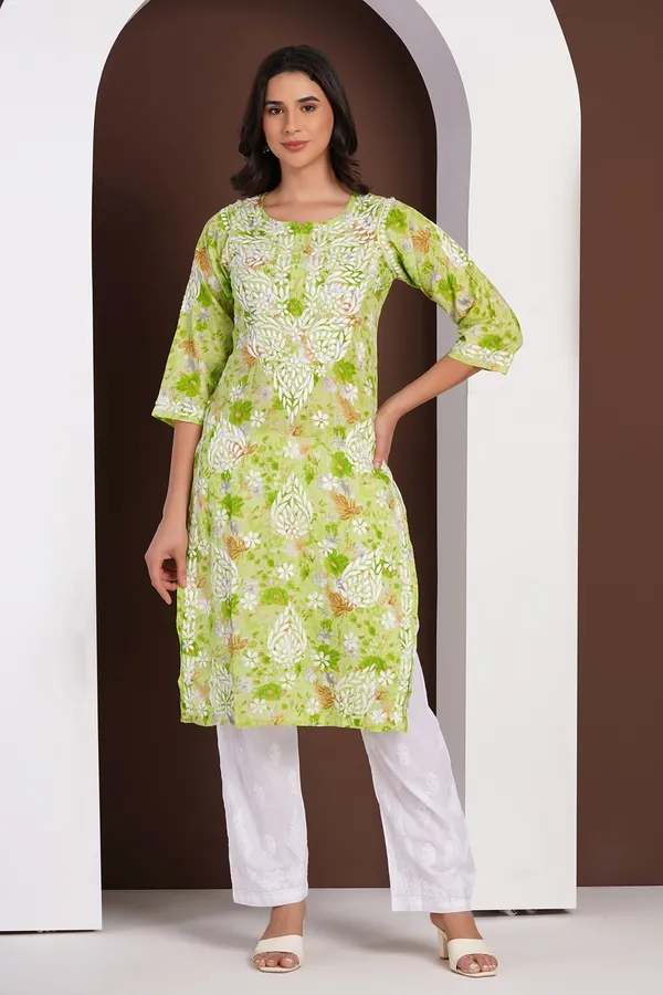 Lime_Green_Handcrafted_Chikan_Floral_Print_Mul_Cotton_Kurti
