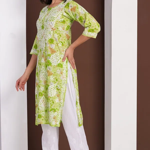Lime_Green_Handcrafted_Chikan_Floral_Print_Mul_Cotton_Kurti