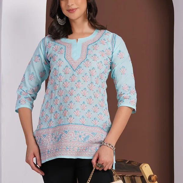Sky_Blue_Hand_Embroidered_Chikan_Cotton_Top_With_Contrast_Thread_Work