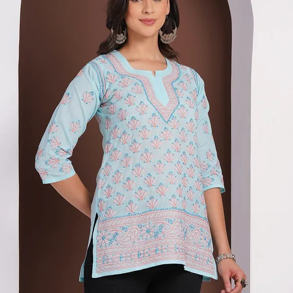 Sky_Blue_Hand_Embroidered_Chikan_Cotton_Top_With_Contrast_Thread_Work