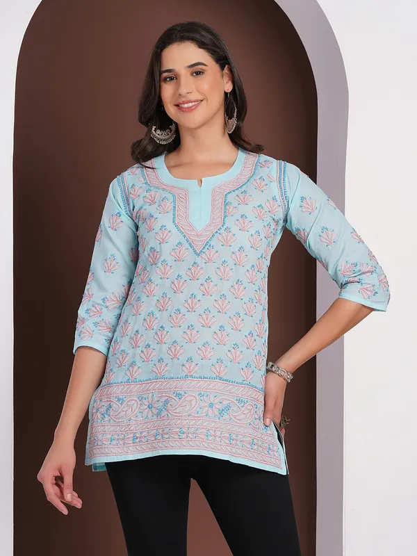 Sky_Blue_Hand_Embroidered_Chikan_Cotton_Top_With_Contrast_Thread_Work